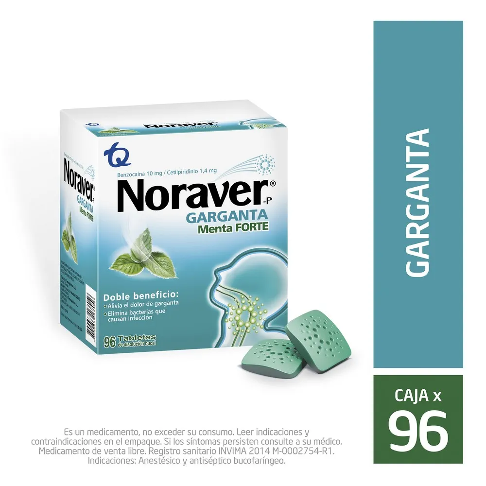 NORAVER GARGANTA BENZOCAINA 10 MG / CETILPIRIDINIO 1,4 MG  TABLETAS CAJA X 96