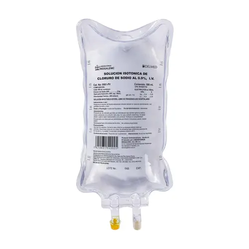 Solución salina (NaCl 0.9%) 500 ml o 1,000 ml en solución intravenosa